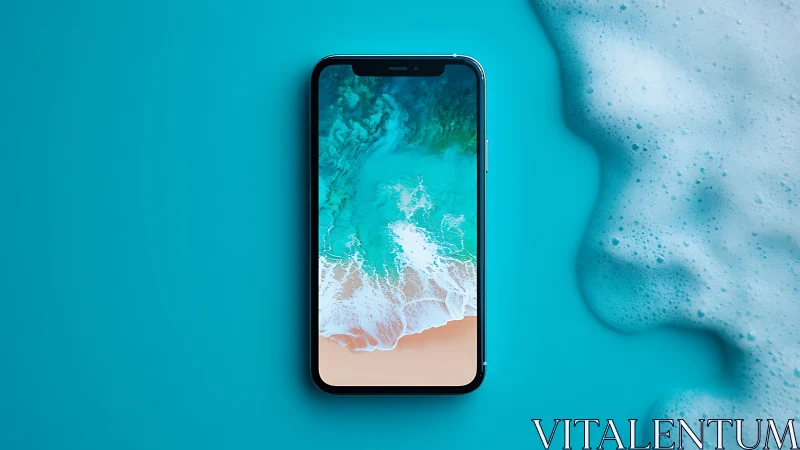 Smartphone on turquoise surface with ocean wave display.