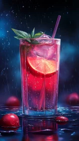 Neon Cocktail. Vibrant Pink Drink Against Dark Rain.