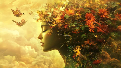Profile of floral female figure merged with autumn foliage.