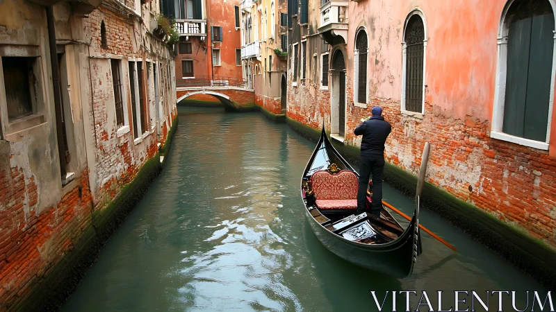 Venetian canal gondola in linear perspective with patinaed masonry.