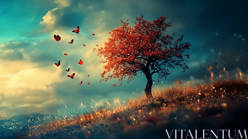 Solitary red tree on hillside with drifting butterflies.