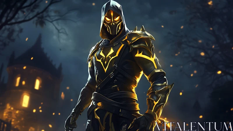 Hooded luminous knight in gold-trimmed tactical plate armor.