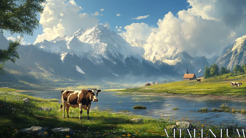Gentle cow enjoys a peaceful riverside meadow beneath mountains