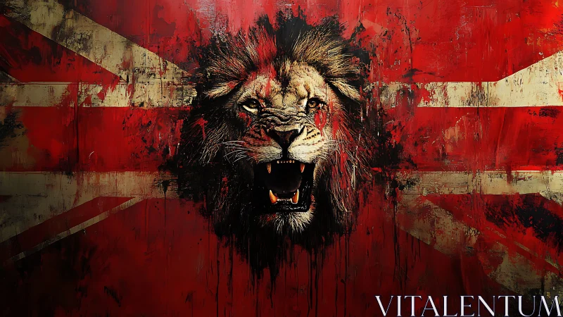 Roaring lion over distressed Union Jack flag backdrop.