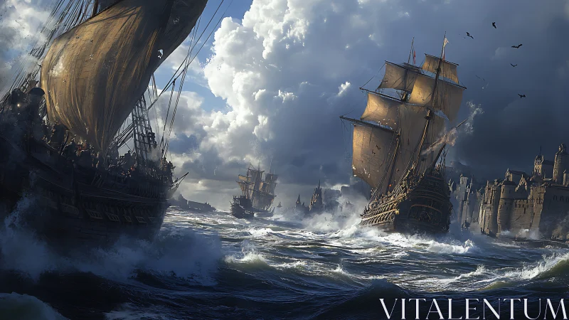 Stormy naval scene with tall ships near fortified harbor.