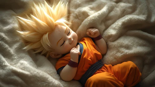 Digitally rendered child in orange outfit resting on blanket.