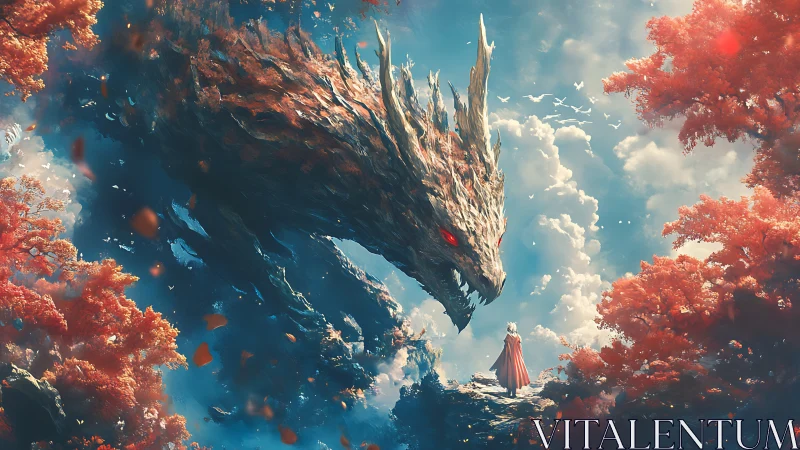 Hero confronts colossal dragon amid crimson autumn dreamscape