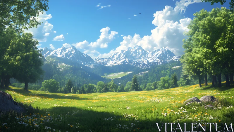 Mountain meadow extends toward distant snowy alpine peaks.