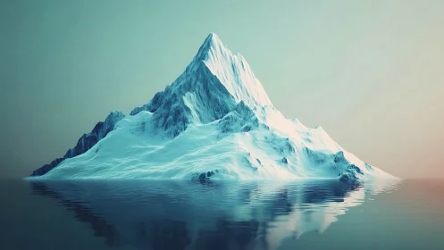 Icy monolith rising over glassy polar waters at dusk.