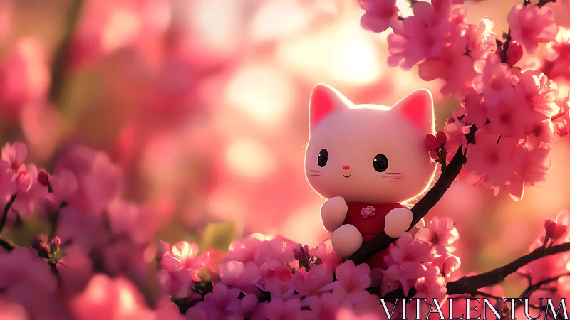 Blossom-perched kawaii kitten drifts in dreamy spring glow.