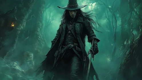 Mysterious forest hunter strides through emerald misted night.