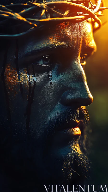 High-contrast portrait of wounded man with thorn crown side-lit