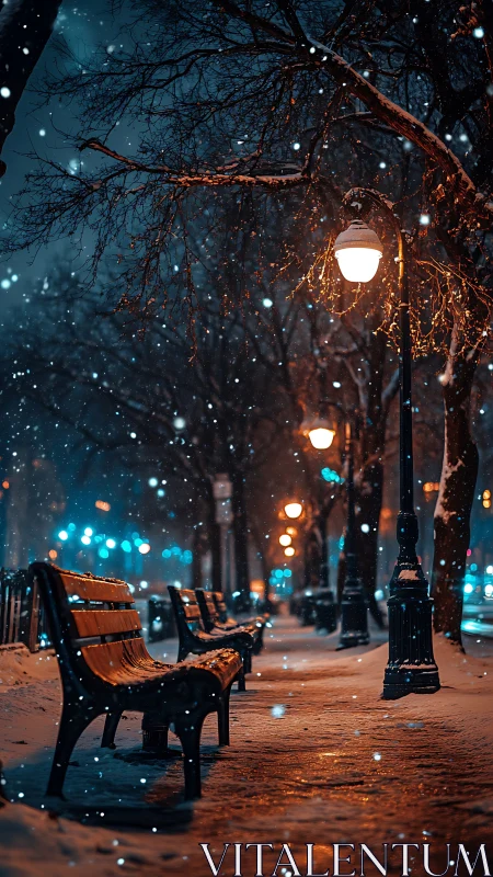 Snowy city park glows under warm lamplight at midnight