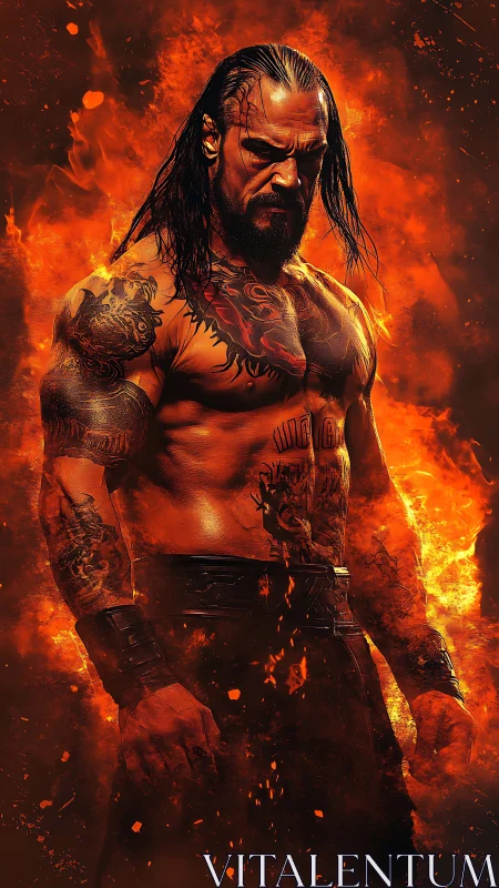 Tattooed warrior in flames with intense fiery aura.