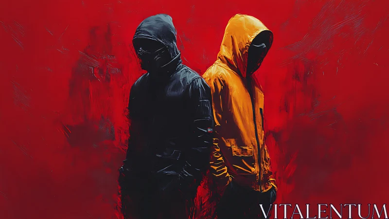 Hooded dual figures on saturated red field, high contrast