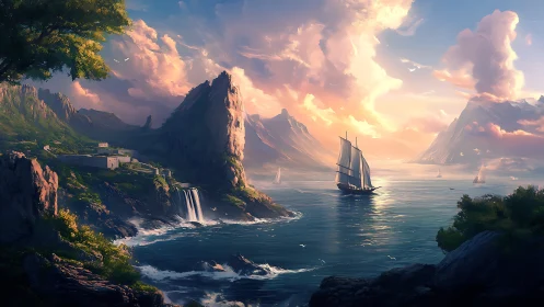 Tall ship sails through sunlit fjord toward distant horizon