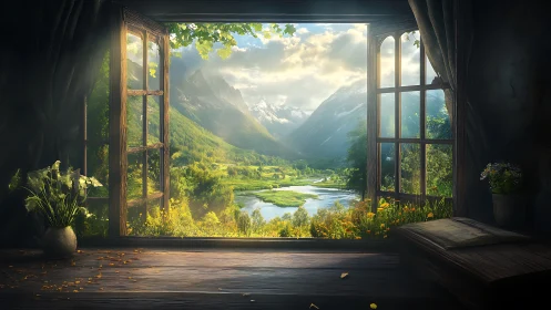 Open wooden window overlooks sunlit river valley landscape