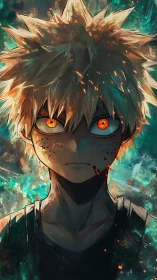 Fierce young hero bathed in sparks and turquoise light.