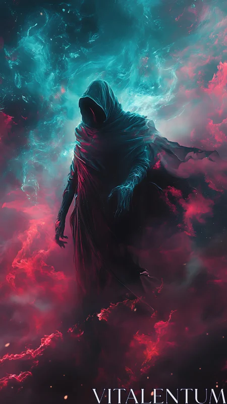 Spectral hooded entity in bifurcated cyan‑crimson nebular field.