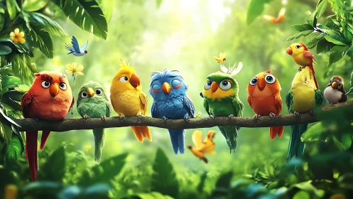 Colorful Cartoon Birds on a Branch in Vibrant Forest Setting.
