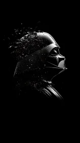 Disintegrating sci‑fi helmet rendered with high‑contrast particle decay