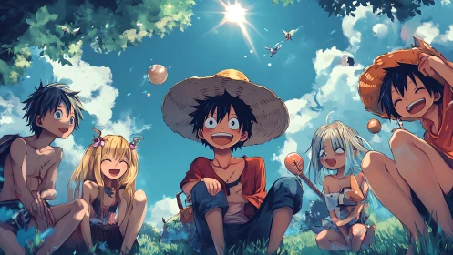 Anime kids under summer sun in stylized panoramic composition