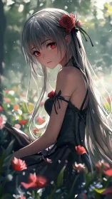 Silver-haired anime girl in dark dress among flowers.