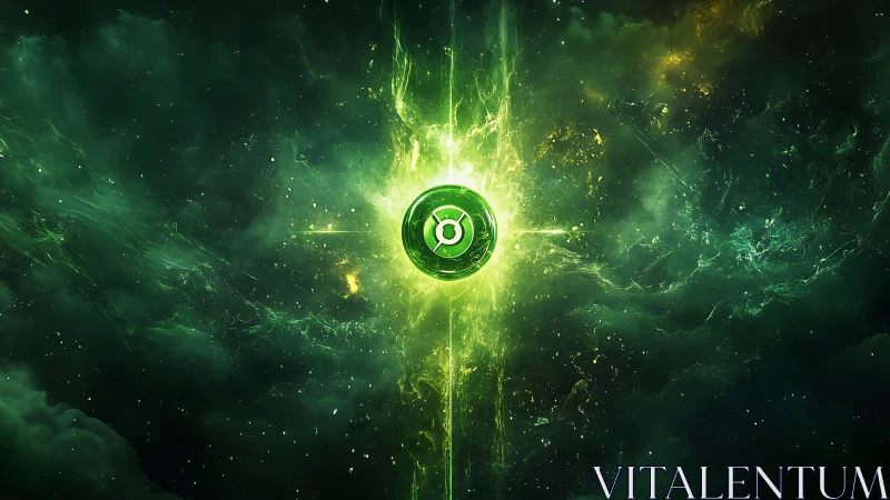 Emerald energy emblem radiates within cosmic nebular field