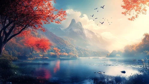 High dynamic range alpine lake at sunrise with red foliage