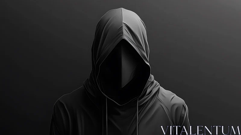 Shadowed hooded enigma stands in sculpted monochrome silence.