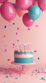 Cheerful Birthday Celebration with Balloons and Cake.