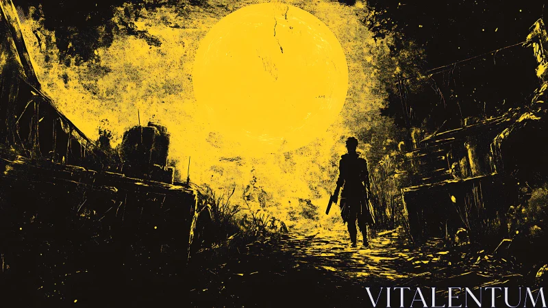 Silhouetted armed figure walks toward overexposed yellow moon portal