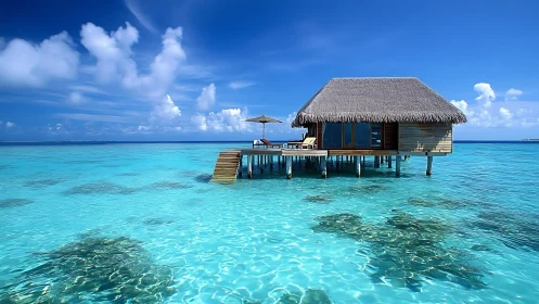Overwater thatched bungalow in tropical turquoise lagoon.