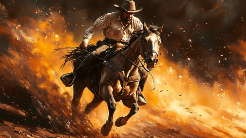 Cowboy charging through blazing dust storm at sunset.