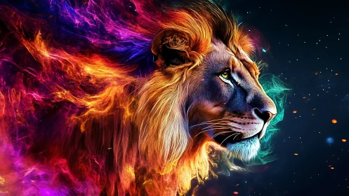 Digital painting of neon spectral lion with dynamic chroma flare.