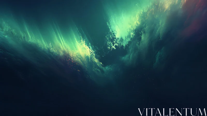 Abstract cosmic sky with vibrant aurora and glowing clouds, digital art.