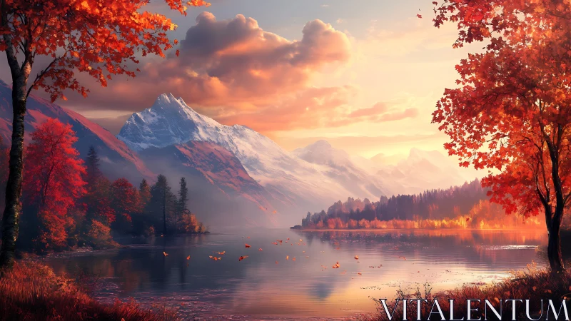 Autumn alpine lake reflects snowcapped peaks in cinematic light