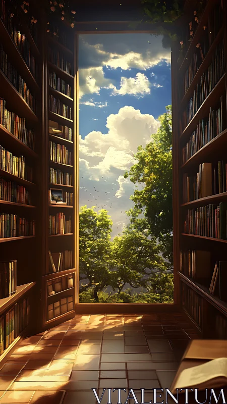 Bookshelves breathe open sky through a doorway of stories