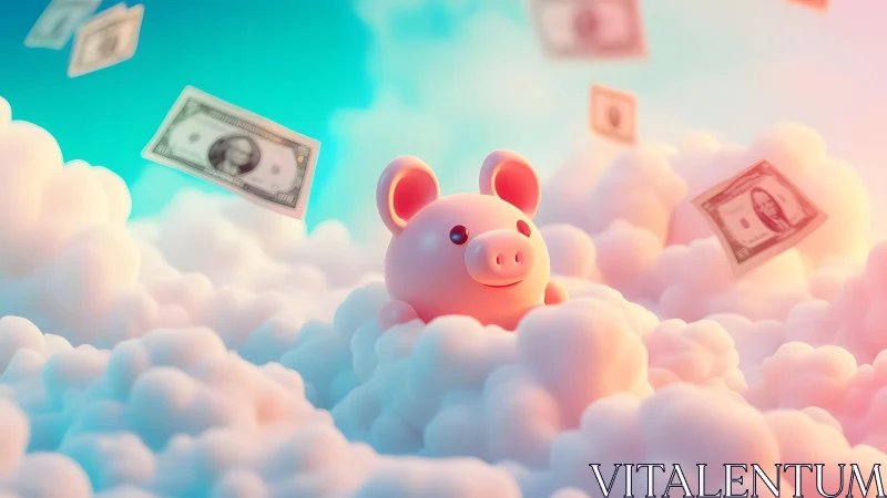Cute Piggy Bank in Dreamy Clouds with Floating Dollar Bills, Digital Art.