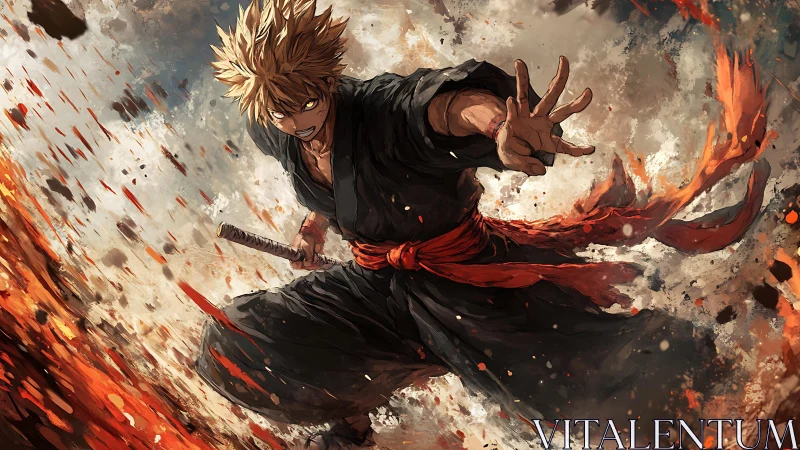 Male swordsman in black robe amid dynamic fiery debris.