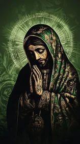 Baroque-inspired digital icon with radiant green aureole detailing.