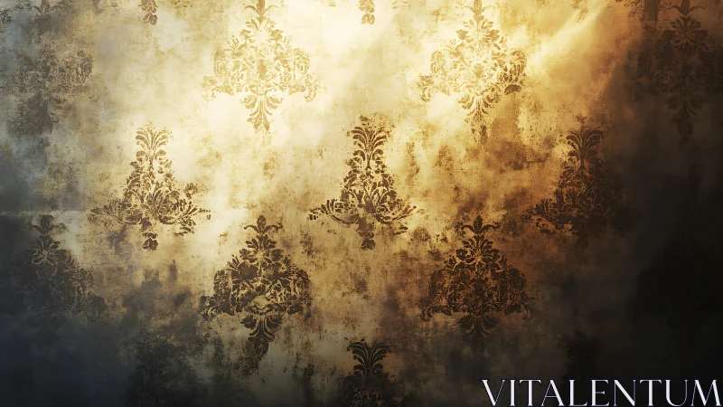 Aged baroque damask wallpaper with warm directional lighting