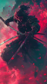 Samurai warrior in dynamic combat stance with dual katanas