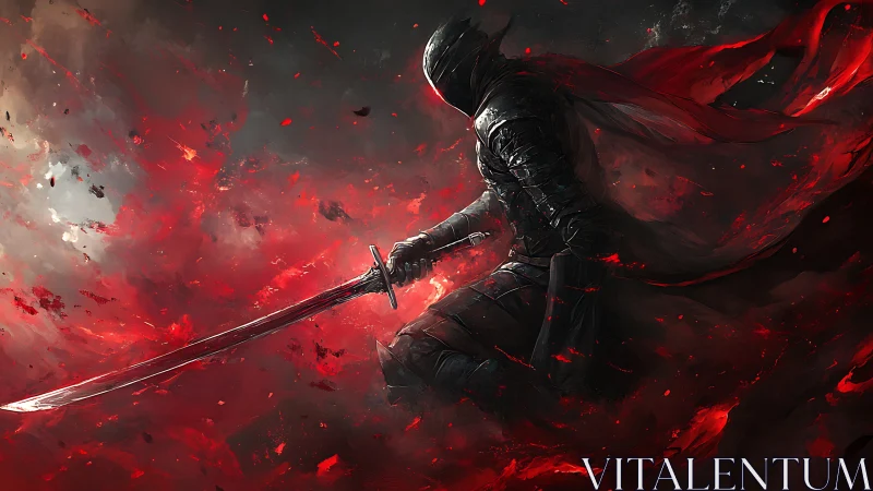 Scarlet warrior strides through swirling embers of battle.