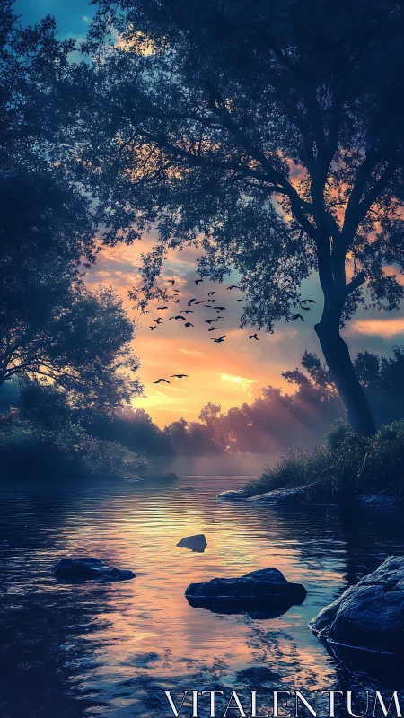 Tranquil river sunset with glowing sky and gentle birds.
