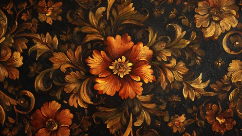 Baroque floral ornament shows glowing orange blossoms on black