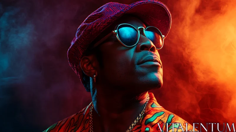 Stylish man in neon smoke gazes upward in bold confidence