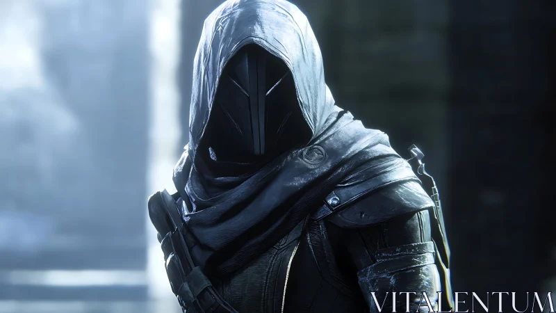 3D stealth operative with hooded armor in cold backlight.