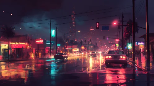 Neon rainstorm drapes a restless city street in liquid light.