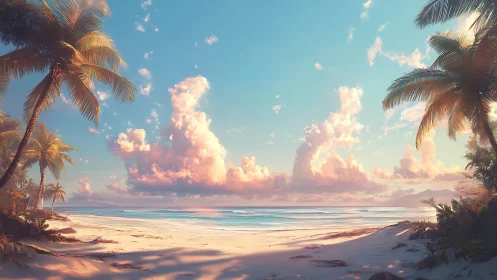 Tropical Coastal Paradise: Digital Seascape with Golden Hour Luminescence.